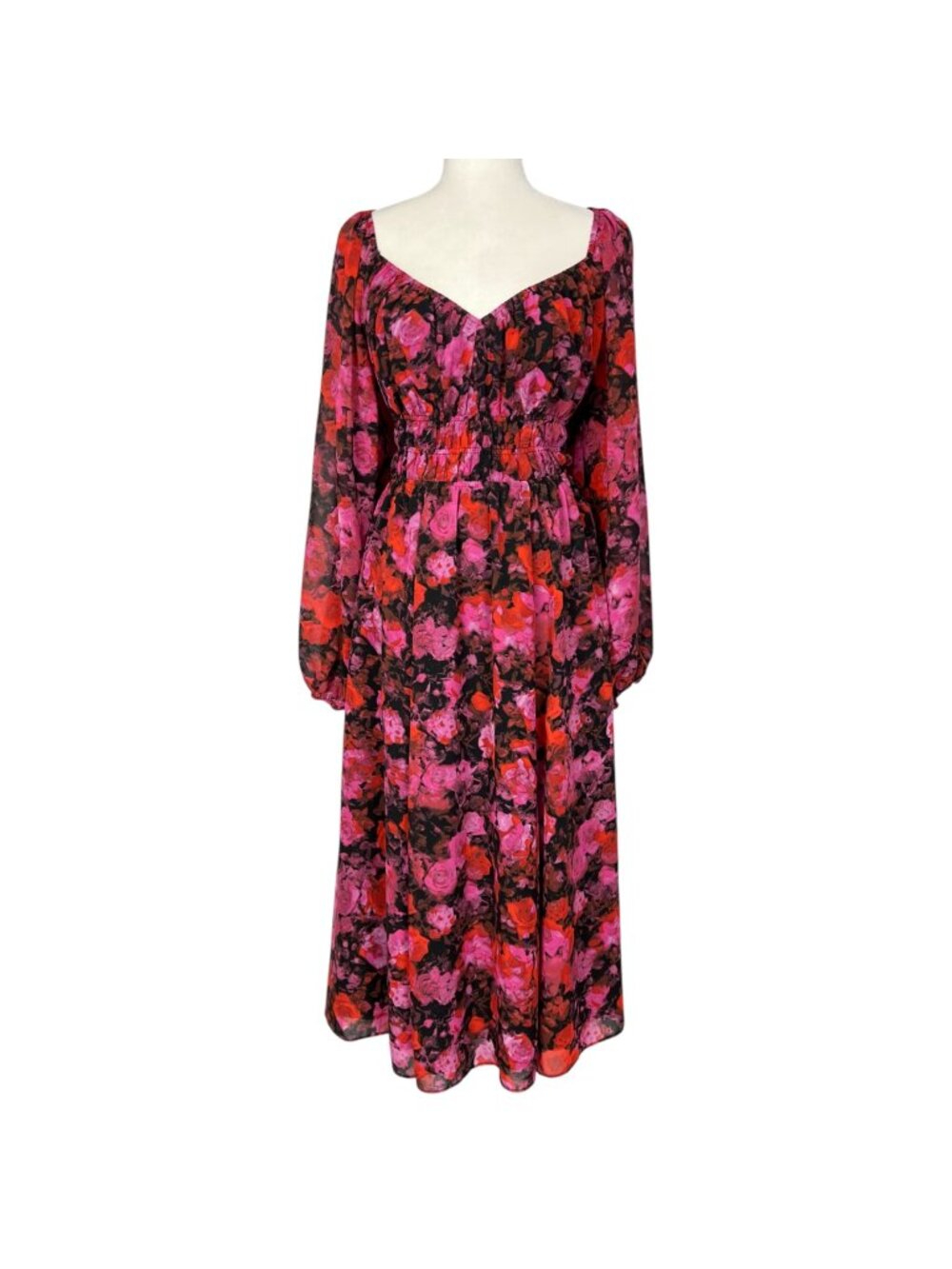 Steve Madden Womens Laine Floral Print Midi Dress Pink Black Long Sleeve size XS